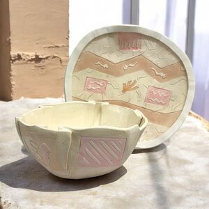 Barbara Demery Signed 1986 Postmodern Southwestern Pottery Bowl + Wall Platter